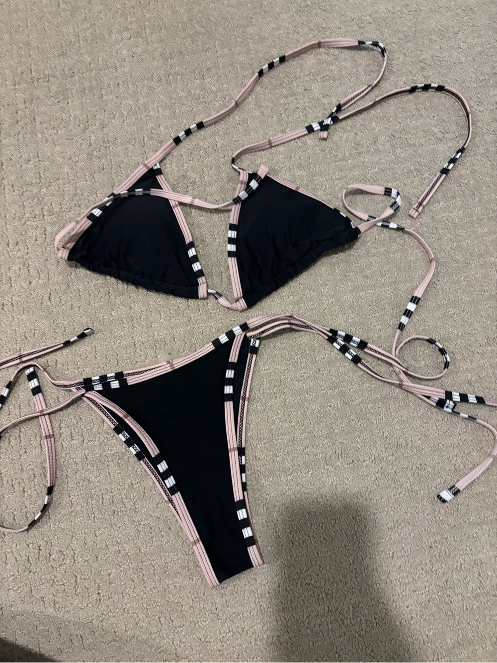 Black Triangle Bikini with Pink & White Trim